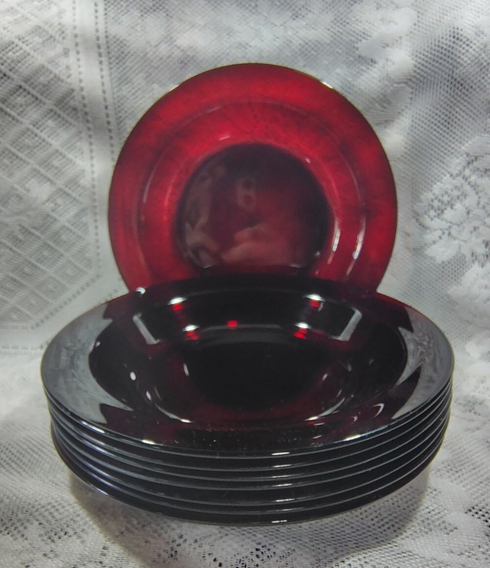 8 Vintage Anchor Hocking Royal Ruby Red Flat Rimmed Soup Bowls